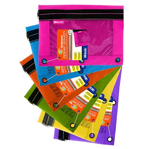 BAZIC PRODUCTS Bright Color 3-Ring Pencil Pouch with Mesh Window, 6-Set | clear mesh window and a zipper closure for pens, pencils, supplies - size: 6 Count (Pack of 1)
