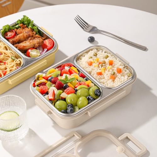 Stainless Steel Lunch Box with 2 Compartments, Leakproof, 30.5 oz Food Storage Containers, Bento Box for Adults,Men,Women(Beige) - color: Beige