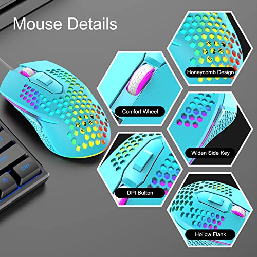 Gaming Keyboard and Mouse Combo Mini Portable with Chroma RGB Backlit Ergonomic 62Key Layout 19Key Anti-ghosting Mechanical Feel 3200DPI Honeycomb Mice USB Wired for PC Mac Gamer Laptop Typists(Blue)