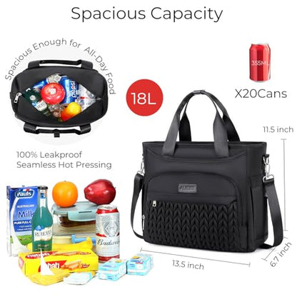 AIJIEKE Large Insulated Lunch Bag for Women Men, Work Lunch Box Tote, Black | Leakproof, durable multi-compartment cooler. Reusable with shoulder strap. Perfect for travel meal prep, picnic, beach - color: A.Black