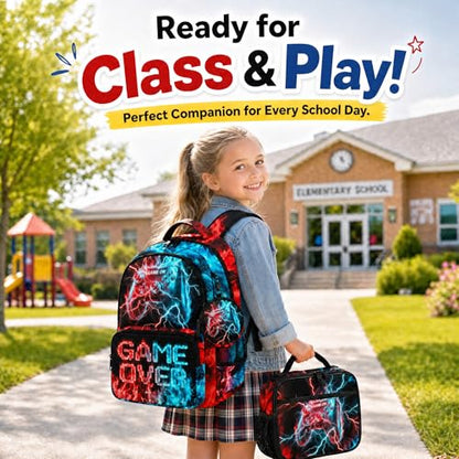 Game Backpack Set for Boys Kids – 17" Large Capacity Gaming School Bag with Lunch Box, Pencil Bag and Coin Purse (Blue&Red) - color: Blue&red-1