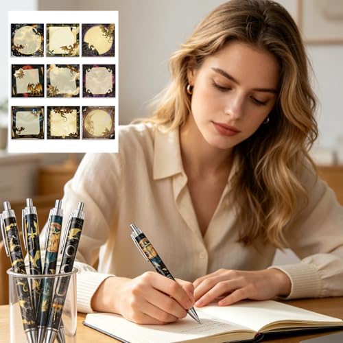 Wxiben Dragon Sticky Notes with Pens - 18 Pcs Fantasy Ballpoint Pens Notepads Set Cool Dragon Notes Black Ink Pen Animal Lover Gifts for Women Men Study Office School Supplies Party Favor - color: Dragon