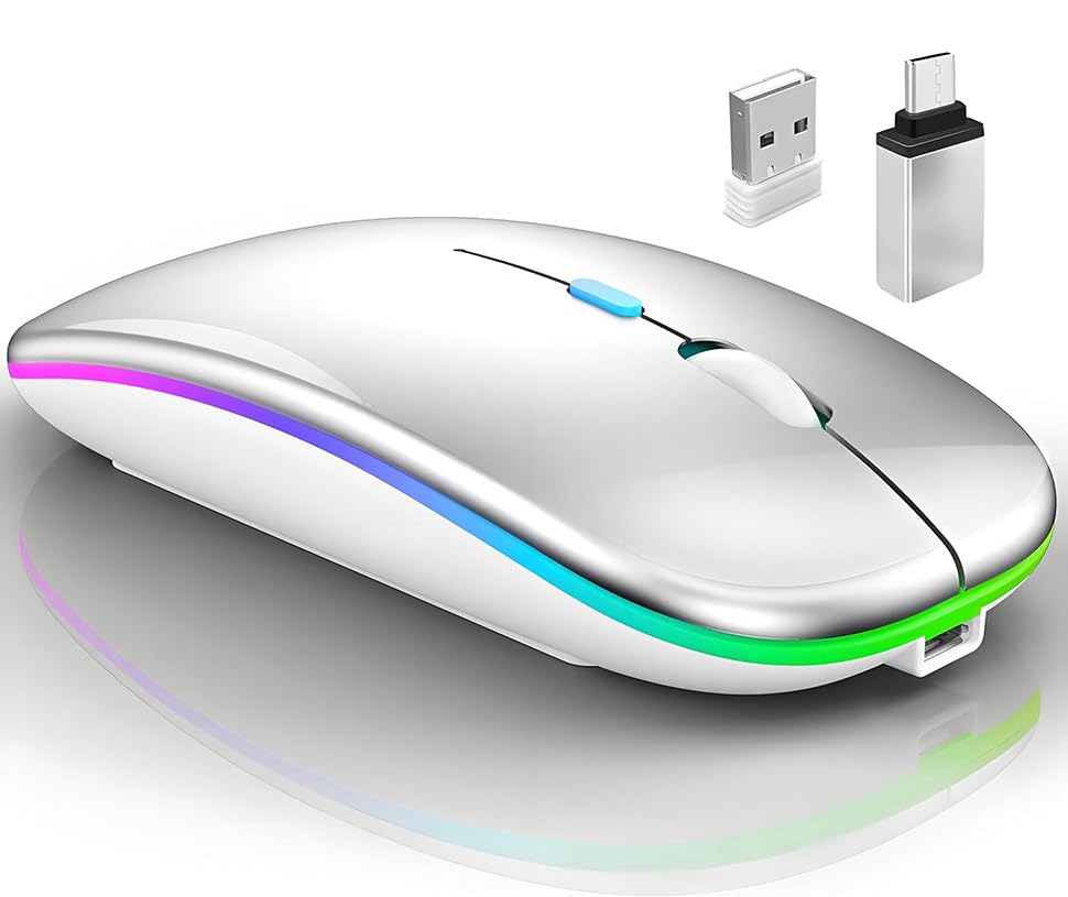 Wireless Bluetooth Mouse for MacBook Air/Mac/Pro/Laptop/Computer/PC,Rechargeable Dual Mode Switch Mouse Bluetooth 5.2/3.0 and 2.4GHz USB Receiver (Silver)