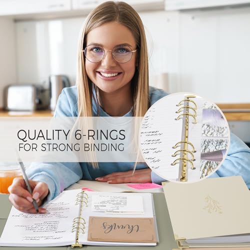 Aesthetic 6 Ring A5 Binder Set of 2 - The Perfect Small 0.75 Inch Planner Binder for Journaling or Collections - Refillable Notebook Holder with Pocket - color: Beige-green