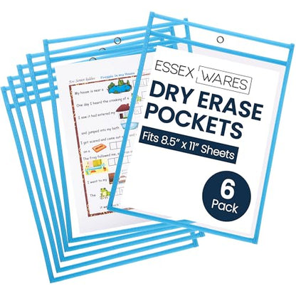 Essex Wares - 6 Pack, Light Blue, Water-Resistant Dry Erase Pocket Document Protectors, 10" Wide x 13.5" Tall - Dry Erase Clear Plastic Sleeves - Reusable & Easy Erase Plastic Invoice Holders - color: Light Blue
