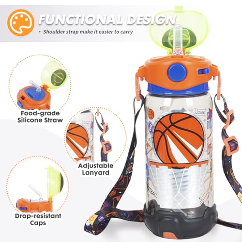 Kids Water Bottle with Straw/Lanyard for School Kids Girls Boys, 22oz BPA Free Child Drinking Water Bottle One-Click-Open Leak-Proof Locking Flip Lid for School Sport Travel - color: H12. Basketball