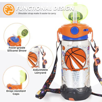 Kids Water Bottle with Straw/Lanyard for School Kids Girls Boys, 22oz BPA Free Child Drinking Water Bottle One-Click-Open Leak-Proof Locking Flip Lid for School Sport Travel - color: H12. Basketball