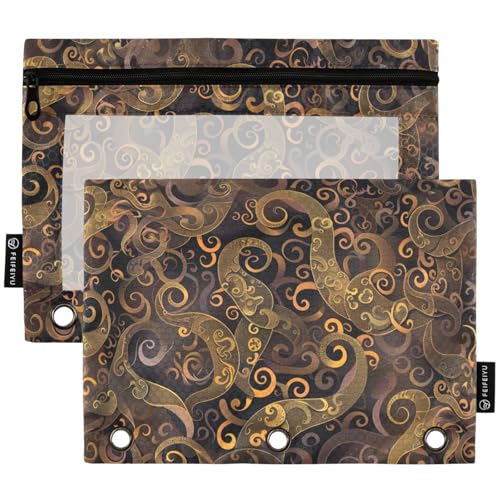 Studying 2 Pack Retro Ethnic Style Tentacle of Octopus 3 Ring Binder Pencil Pouch Bags,Clear Window Zipper Storage Case for Boys Girls School Office Supplies Cosmetics Organizers - color: Multi-octopus
