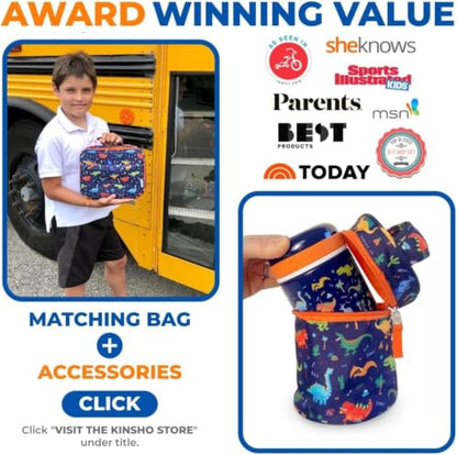 kinsho Bento Lunch Boxes for Boys Toddlers, 5 Portion Sections Secure Lid, Snack Container, Microwave Safe BPA Free Removable Plastic Tray, Pre-School Kid Daycare Lunches, 2 Pack Dinosaur + Rocket - color: Blue Orange & Red