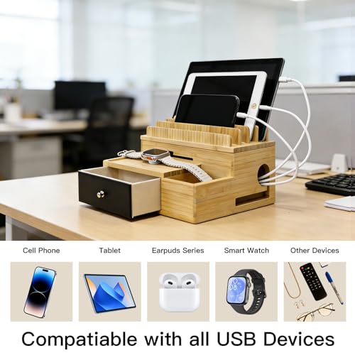 Bamboo Charging Station Organizer with 5-Cables, No USB Charger | for Multi-Devices, with Drawer and Pen Holder, Nightstand Desk Charging Stations Organizer for Cell Phone, Tablet, Etc
