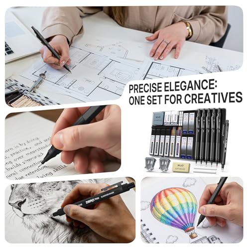 WUO Metal Mechanical Pencil Set, 5-Pack 0.3mm 0.5mm 0.7mm 0.9mm 2.0mm Drafting Pencils with 312 Lead Refills, Precision Eraser Pen, Erasers & Sharpeners for Drawing, Sketching, Writing - color: Black, size: 0.3/0.5/0.7/0.9/2.0