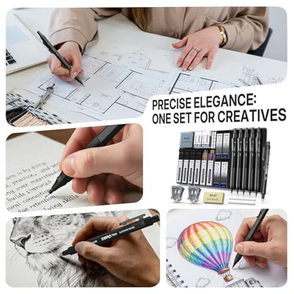 WUO Metal Mechanical Pencil Set, 5-Pack 0.3mm 0.5mm 0.7mm 0.9mm 2.0mm Drafting Pencils with 312 Lead Refills, Precision Eraser Pen, Erasers & Sharpeners for Drawing, Sketching, Writing - color: Black, size: 0.3/0.5/0.7/0.9/2.0