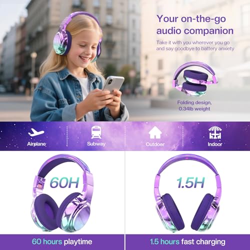 QearFun Kids Bluetooth Headphones, 60H Playtime, 74/85/94dB Safe Volume Limit, Metallic Gradient Wireless Headset with HD Mic, Fast Charging, Foldable, Wired 3.5mm Mode for School/Tablet/Travel - color: Purple