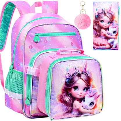 gxtvo 3PCS Girls Backpack, 16" Sequin Prechool Elementary Bookbag and Lunch Box - color: New Uv Printing Fairy Unicorn Clip-on Backpack