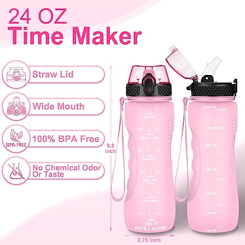 24 OZ Motivational Kids Water Bottle With Time Marker,Straw Lid,Leak Proof, Tritan BPA Free Sports Water Bottle Pink(1 Lid) - color: Pink