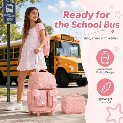 WZLVO 3PCS Rolling School Backpack, Water Resistance Girls Roller Bookbag, Women Aesthetic Wheeled Bag Set with Lunch Box & Pencil Bag for Teens & Kids - Pink Star - color: 3pcs Girls Rolling Backpack - Pink Star
