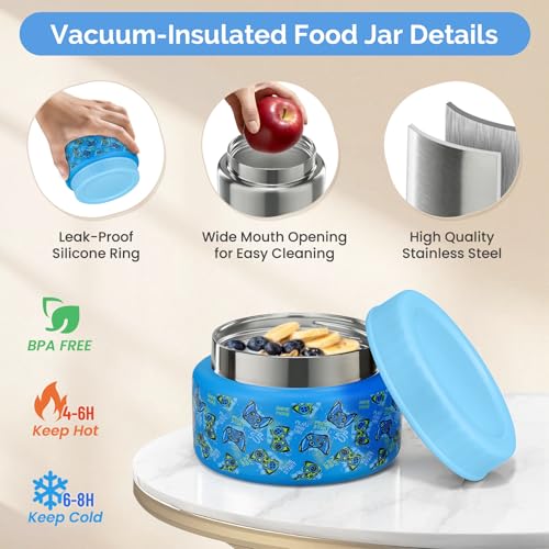 Kids Lunch Box Set with Bento Box, 9oz Stainless Steel Thermo & Insulated Lunch Bag – Hot & Cold Leakproof Lunch Container with Utensils for School & Travel - color: Blue Gamed