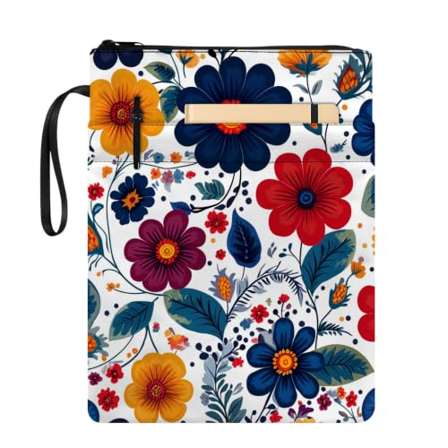 Padded Book Sleeve with Zipper & Front Pocket, Fabric Book Cover | Retro Floral Pattern White11.4"x8.7" Washable Canvas Pouch for Hardcovers, Tablets & Reading Accessories - color: Retro Floral Pattern White
