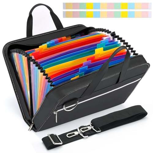 SEEKIND PU Leather Accordian File Organizer 26 Pockets, Expanding File Folder with Handle&Carrying Strap, Document Organizer File Holder for Letter Size / A4 File, for Office, School-Black - size: Strap Version