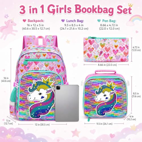 gxtvo 3PCS Girls Backpack, 16" Sequin Prechool Elementary Bookbag and Lunch Box - color: Reversible Sequins Unicorn Clip-on Backpack