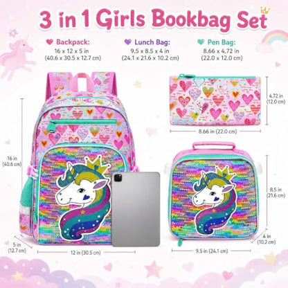 gxtvo 3PCS Girls Backpack, 16" Sequin Prechool Elementary Bookbag and Lunch Box - color: Reversible Sequins Unicorn Clip-on Backpack