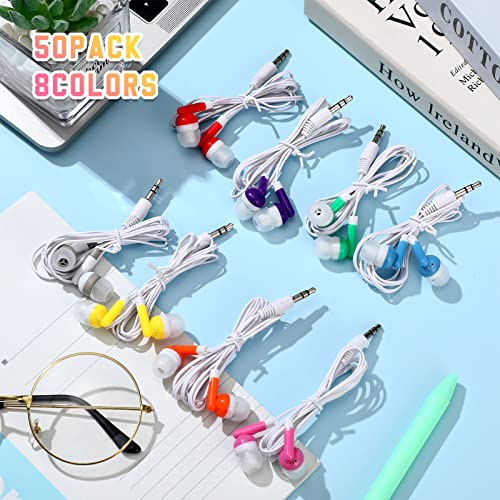 Macarrie 50 Pack Earbuds Bulk for Classroom Kids Wire Earphones Students Ear Buds Set Stereo Headphones for Kids Adults Schools Libraries, 3.5 MM Audio Jack (Mixed Colors)