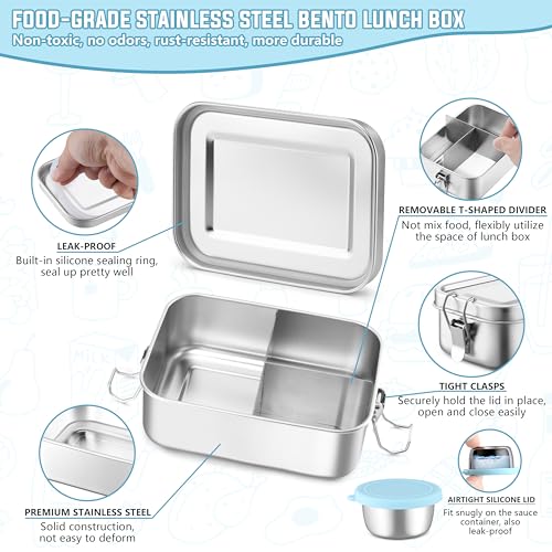 HaWare Stainless Steel Bento Lunch Box, 29oz (850ML) with Divider | 3 Compartment, Blue Condiment Container &Carrying Bag Included, Leak-Proof, Dishwasher Safe - color: Sky Blue, size: 29oz-(850ml)