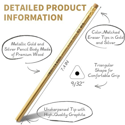 M&G Gleam Series 24 Pack HB Triangular Wood-Cased Pencils, Unsharpened with Matching Erasers, Smooth Writing Break-Resistant Core, Gold and Silver Solid Barrels for School Office Classroom Supplies - style: GLEAM