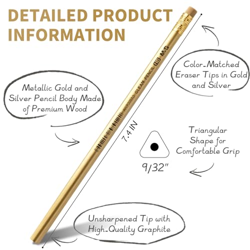 M&G Gleam Series 24 Pack HB Triangular Wood-Cased Pencils, Unsharpened with Matching Erasers, Smooth Writing Break-Resistant Core, Gold and Silver Solid Barrels for School Office Classroom Supplies - style: GLEAM