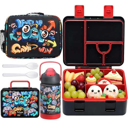 rockpapa Kids Lunch Box Set with 14oz Insulated Water Bottle & Lunch Bag, Leakproof 5.5 Cups Bento Box for School & Children, BPA-Free, Microwave Safe for Boys Girls (Black Games) - color: Black Games