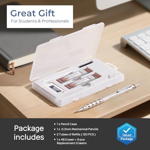 Nicpro Blocky Gear 0.3 mm Mechanical Pencils Set in Case | Metal Pencil with 120 PCS Lead Refills, Eraser for Professional & Adult Art Writing Drafting Drawing - size: 0.3 mm