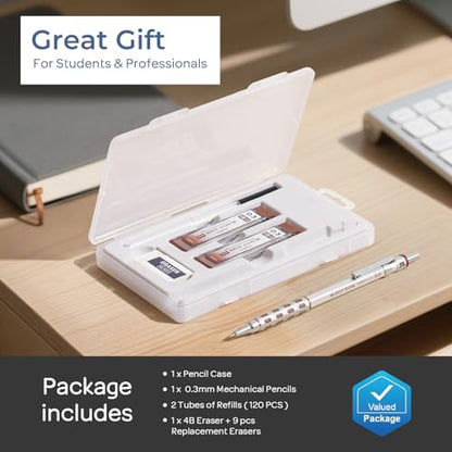 Nicpro Blocky Gear 0.3 mm Mechanical Pencils Set in Case | Metal Pencil with 120 PCS Lead Refills, Eraser for Professional & Adult Art Writing Drafting Drawing - size: 0.3 mm