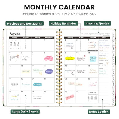 Planner 2026-2027, Academic Planner Weekly and Monthly, Jul 2026 - Jun 2027, Spiral Bound School Planning Tool with Tabs and Pocket, Perfect for Students & Teacher, 6.3" x 8.5", Iris Peony - color: O-Iris Peony, size: 6.3"x8.5" (A5)