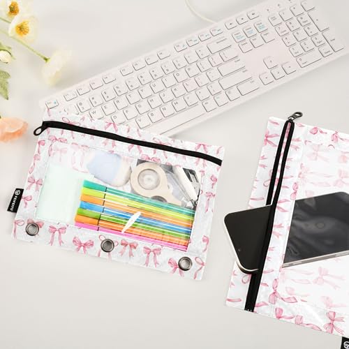 Wamika Bowknot Pink White Binder Pouches 3 Ring for Boys Girls School Office College Supplies Cute Bow Ribbon Doodle Pattern Pencil Pouches Case Bag with Clear Window and Zipper 2 pack - color: Bowknot