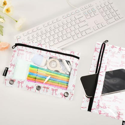 Wamika Bowknot Pink White Binder Pouches 3 Ring for Boys Girls School Office College Supplies Cute Bow Ribbon Doodle Pattern Pencil Pouches Case Bag with Clear Window and Zipper 2 pack - color: Bowknot