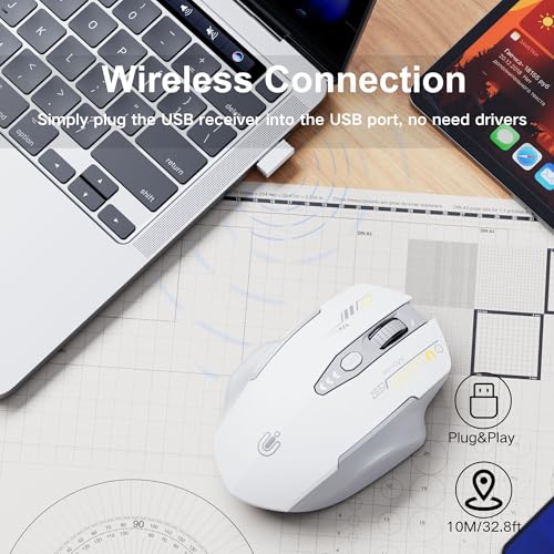 Uineer Wireless Mouse,[Upgraded] Rechargeable 2.4GHz (Battery Level Visible) Ergonomic Computer Mouse,4 Levels DPI, Wireless Mice for Laptop PC Computer(Grey and White) - color: Gray and White