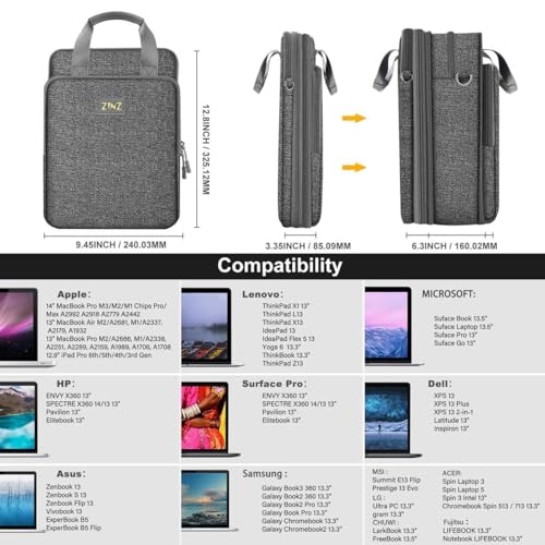 ZINZ Laptop Case 12.9 13 Shoulder Bag, Expandable Handbag with Valuables Compartment Compatible with MacBook Air/Pro/Neo 13" M5/M4/M3/M2/M1, iPad 12.9/13/11, Water-Resistant & Shockproof,L01G03 - color: L01g03, size: 13"