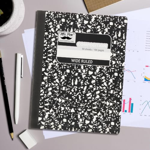 Mr. Pen- Composition Notebook, 2 Pack, Wide Ruled, 50 Sheets, 9.75" x 7.5" | Black Marble, Composition Book, Notebooks for School, Wide Ruled Composition Notebook, Journal Notebooks, Writing Notebooks - size: 2 Pack