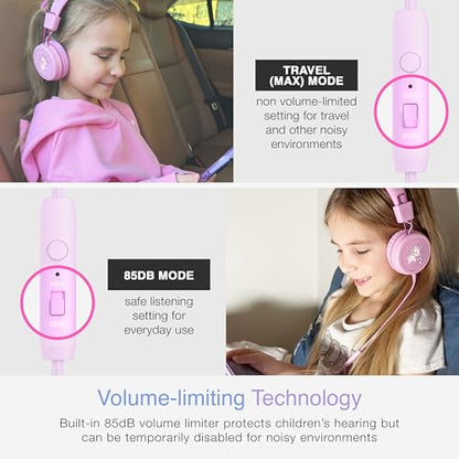 MEE audio KidJamz KJ55 Wired Children’s Headphones with 3.5mm Plug, Colorful Graphics, Volume Limiter & Microphone, Adjustable On-Ear Kids Headset for Online Learning/School/Travel/Tablet (Pink) - color: Pink, style: Standard
