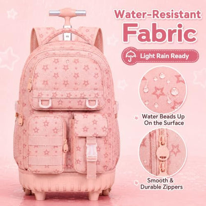 WZLVO 3PCS Rolling School Backpack, Water Resistance Girls Roller Bookbag, Women Aesthetic Wheeled Bag Set with Lunch Box & Pencil Bag for Teens & Kids - Pink Star - color: 3pcs Girls Rolling Backpack - Pink Star