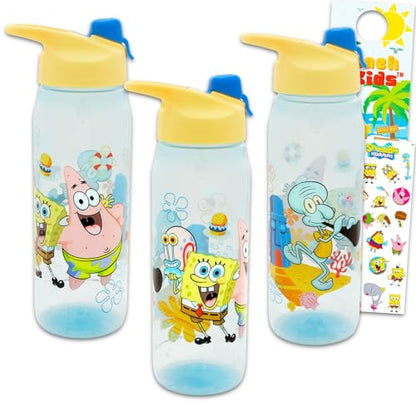 SPONGEBOB SQUAREPANTS Spongebob Water Bottles 3 Pack - Bundle with 3 Reusable Drink Cups for Home, School, Sports, Party Favors Plus Stickers, More | 20 Oz Water Bottles Set