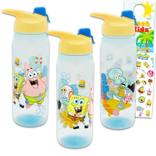 SPONGEBOB SQUAREPANTS Spongebob Water Bottles 3 Pack - Bundle with 3 Reusable Drink Cups for Home, School, Sports, Party Favors Plus Stickers, More | 20 Oz Water Bottles Set