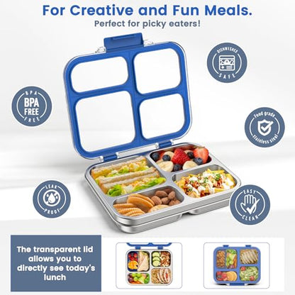 Stainless Steel Bento Box for Kids Adults with Silicone Container, Leak Proof 4 Compartments Metal Lunch Box, Removable Silicone Seal & Clear Lid Food Container for School Office, BPA-Free(Blue) - color: Blue