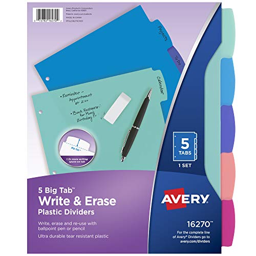 Avery Write & Erase Dividers for 3 Ring Binders, 5 Tabs per Set, Multicolor Big Tabs, Pastels, Binder Dividers Great for Organizing Reports, Projects, and More (16270)