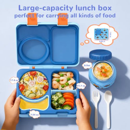 Kids Lunch Box with Thermo, Leakproof Bento Box for Kids with 8OZ Insulated Food Jar, Ice Pack, Sauce Cup, Utensils, Removable Tray & Dividers for School Daycare Travel (Trucks) - color: Trucks