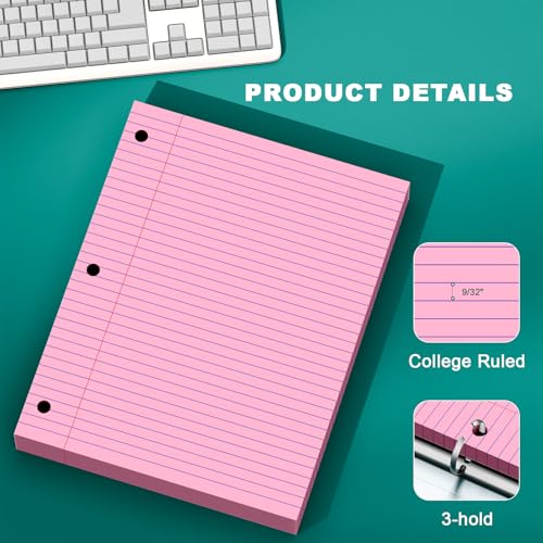 Pink Note Pads 8 X 10.5 Loose Leaf Paper, 120Sheets, 3 Hole Punched Lined Paper, College Ruled 8 X 10.5 Notebooks, 10-1/2" X 8 Binder Writing Pads, Filler Paper for Office, School Supplies - style: Pink-1 Pack