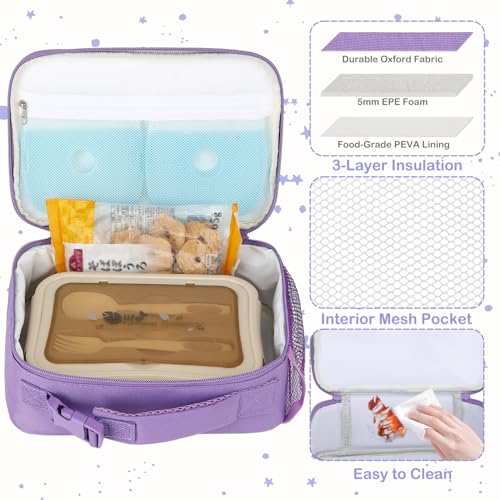 FlowFly Kids Lunch box Insulated Soft Bag Mini Cooler Back to School Thermal Meal Tote Kit for Girls, Boys,Purple#Glitter - color: Purple#Glitter