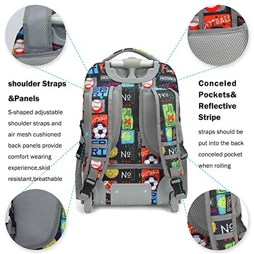 Tilami Rolling Backpack 19 inch with Lunch Bag Wheeled Laptop Backpack, Sport Balls - color: Sport Balls Black
