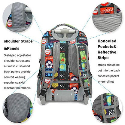 Tilami Rolling Backpack 19 inch with Lunch Bag Wheeled Laptop Backpack, Sport Balls - color: Sport Balls Black