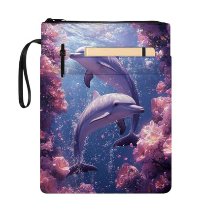 Padded Book Sleeve with Zipper & Front Pocket, Fabric Book Cover | Pink Purple Ocean Dolphins11.4"x8.7" Washable Canvas Pouch for Hardcovers, Tablets & Reading Accessories - color: Pink Purple Ocean Dolphins